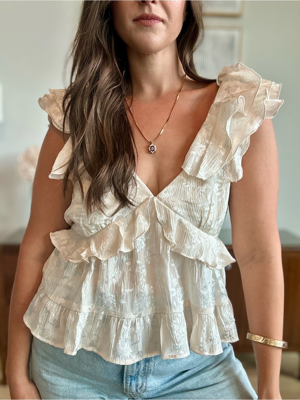 Trixxi Ivory Ruffle Satin Crop Top